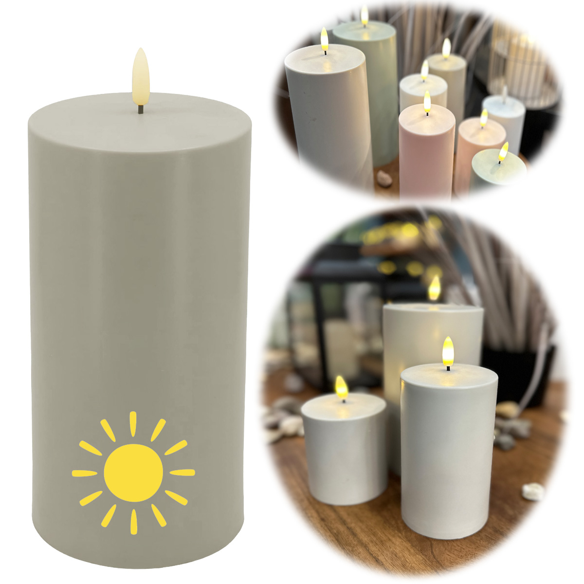 SOLAR LED 3D Stumpenkerze Malmö 10-20cm Outdoor flackernde flammenlose Kerze