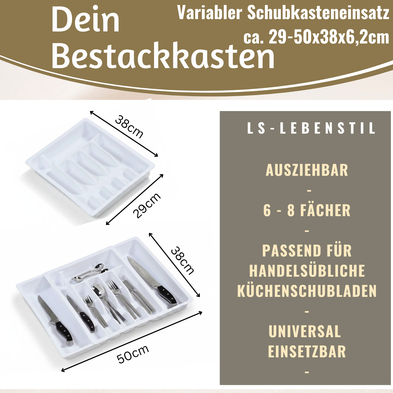 XL Schubladen-Einsatz Besteck-Kasten 29-50cm ausziehbar 6-8 Fächer Besteck-Box