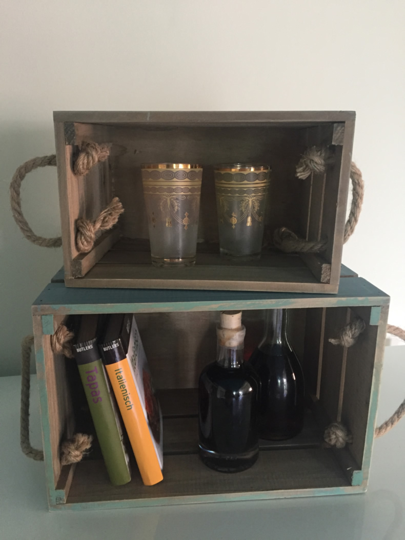 2´er Set Vintage Holz Weinkiste Grau Türkis Deko Flaschen-Korb Kiste