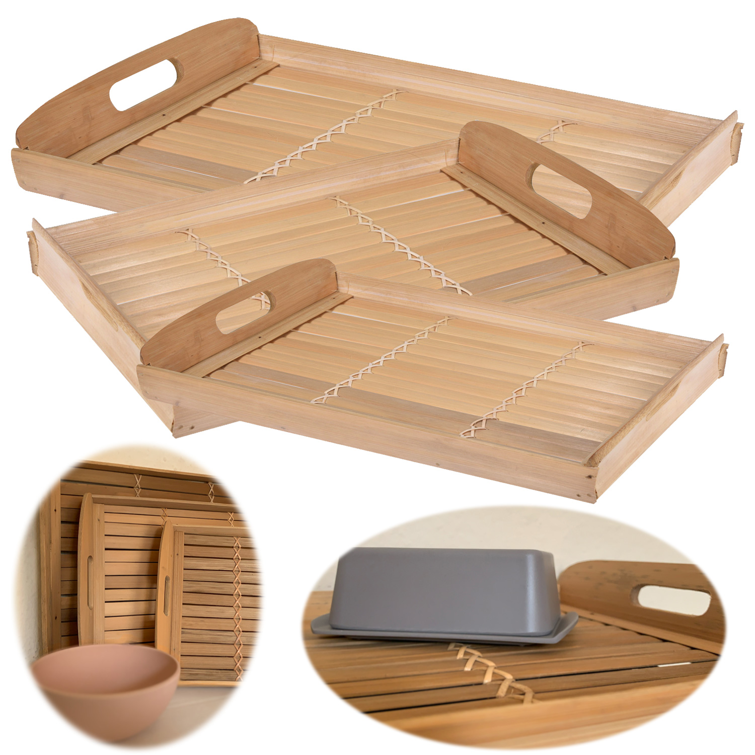 3er Set Bambus Serviertablett Kchen-Tablett Bett-Tablett Frhstck Griff  Deko | eBay.de