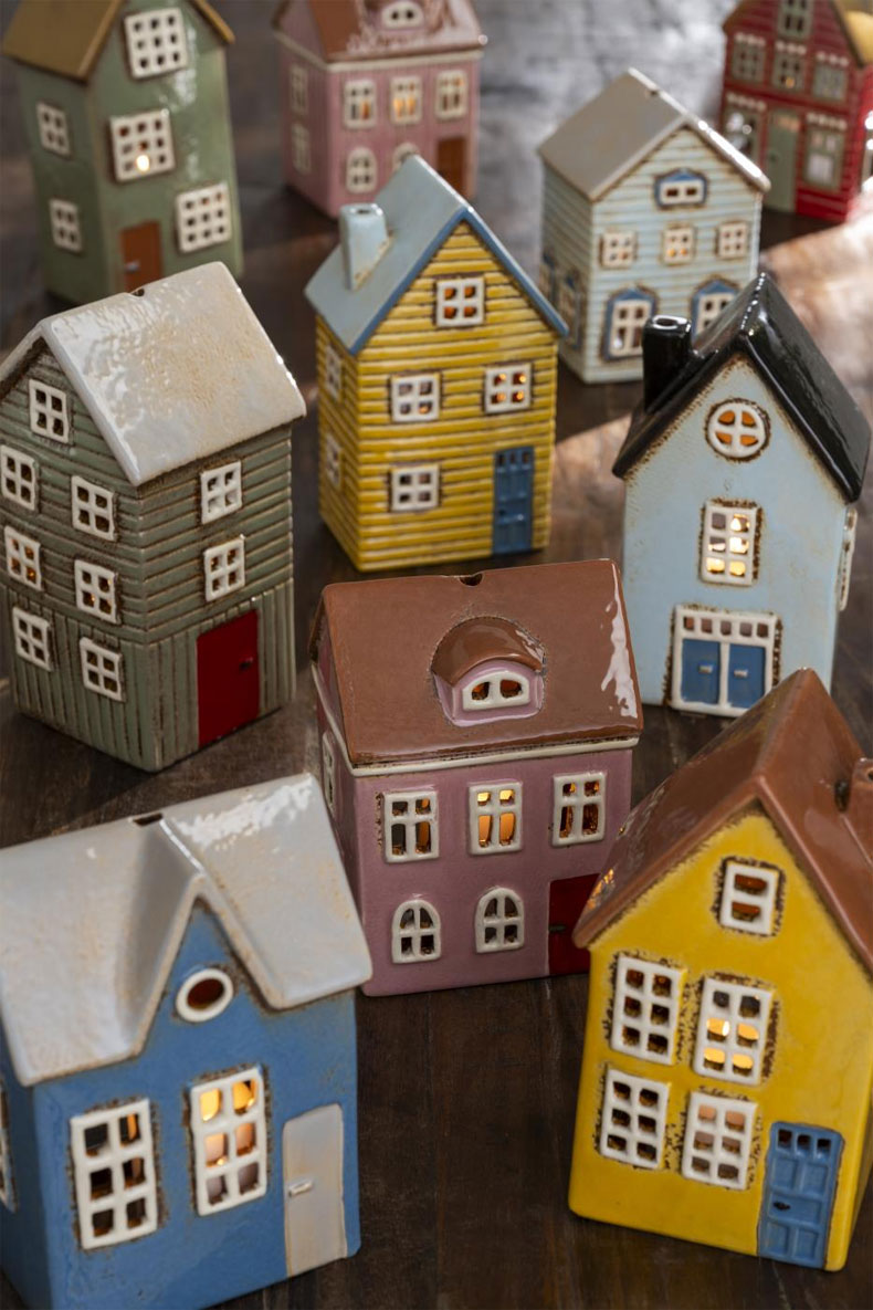 Exklusives Teelichthaus Lichthaus Nyhavn 19cm Blau Schwarz Keramik Fachwerkhaus