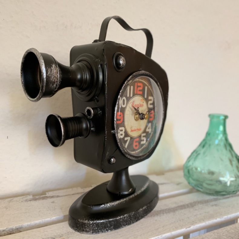 XL Vintage Tischuhr Filmkamera Schwarz Antik Retro Standuhr Bürouhr Schrankuhr
