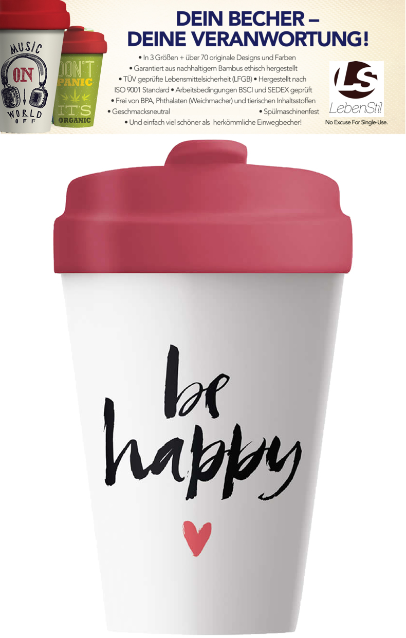 Bambus Coffee To Go Becher 400ml Be Happy Herz Kaffeebecher Trinkbecher