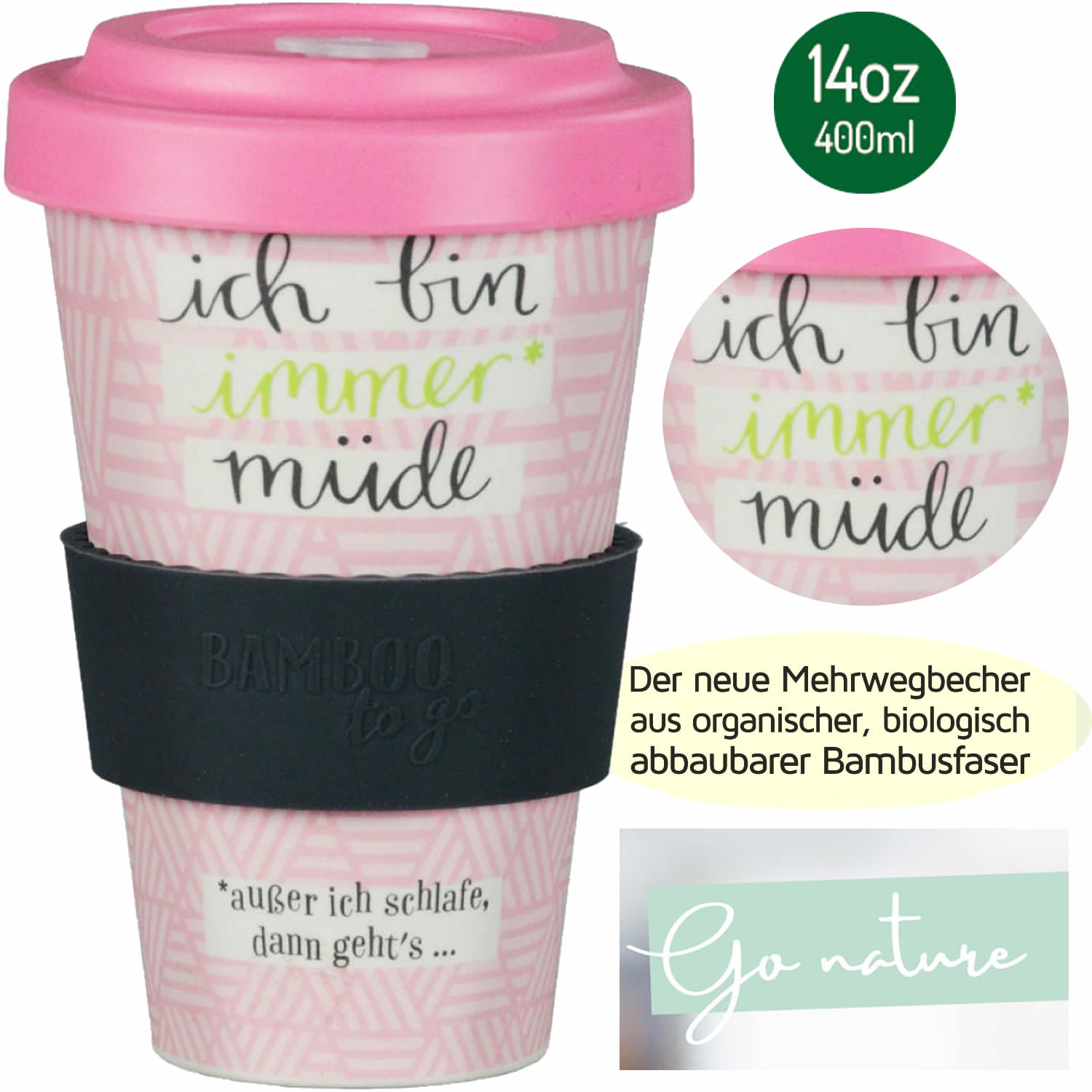 Bambus Coffee to Go Becher 400ml Schlafe Müde Tee KaffeeBecher Trink