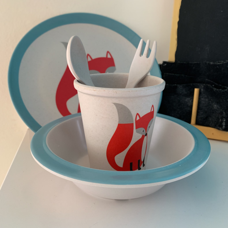 Bambus Kinder Geschirr Fuchs 5-tlg Set BPA-Frei Schüssel Tasse Teller Besteck